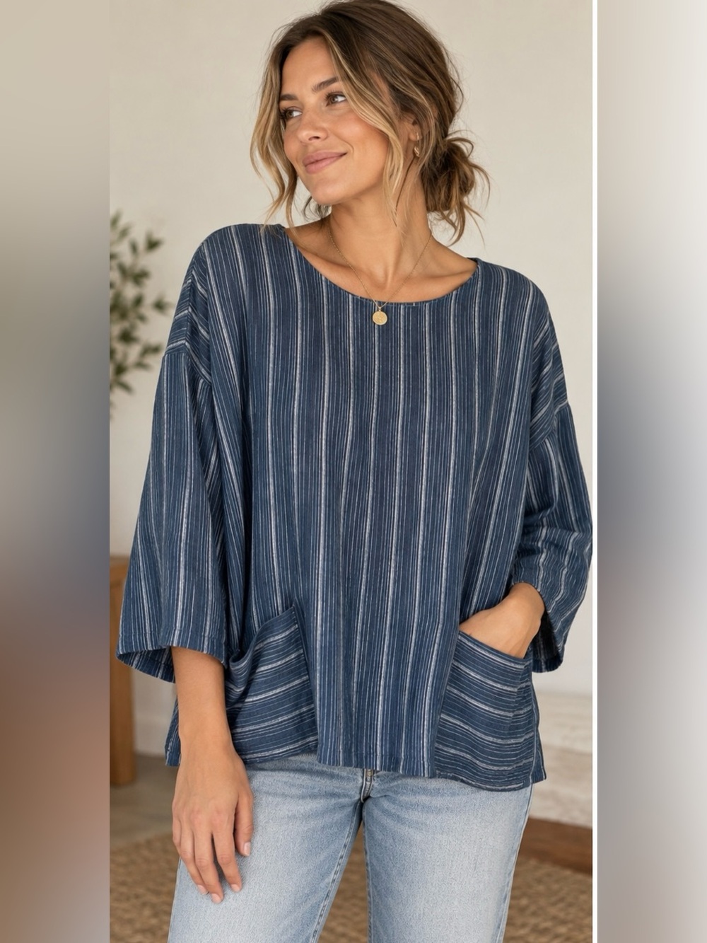 Eileen Fisher Blue Striped Top Medium